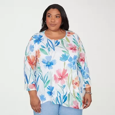 Alfred Dunner Caribbean Blues Womens Plus Crew Neck 3/4 Sleeve T-Shirt