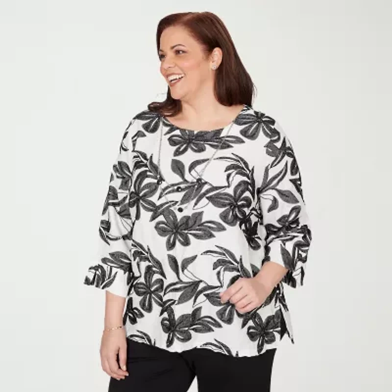 Alfred Dunner Crowd Pleaser Womens Plus Crew Neck 3/4 Sleeve T-Shirt