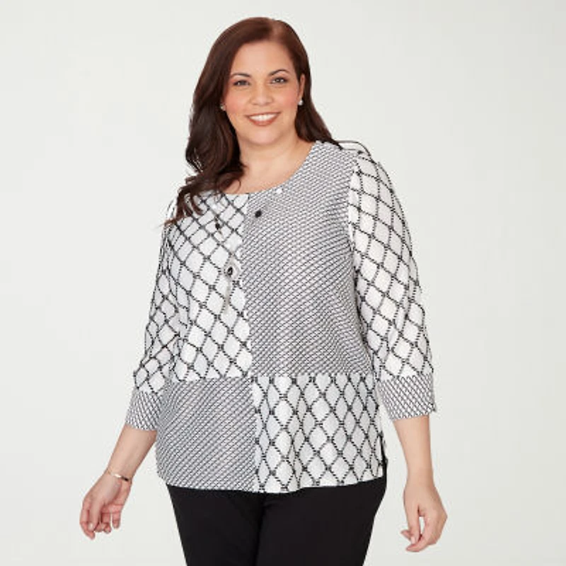 Alfred Dunner Crowd Pleaser Womens Plus Crew Neck 3/4 Sleeve T-Shirt