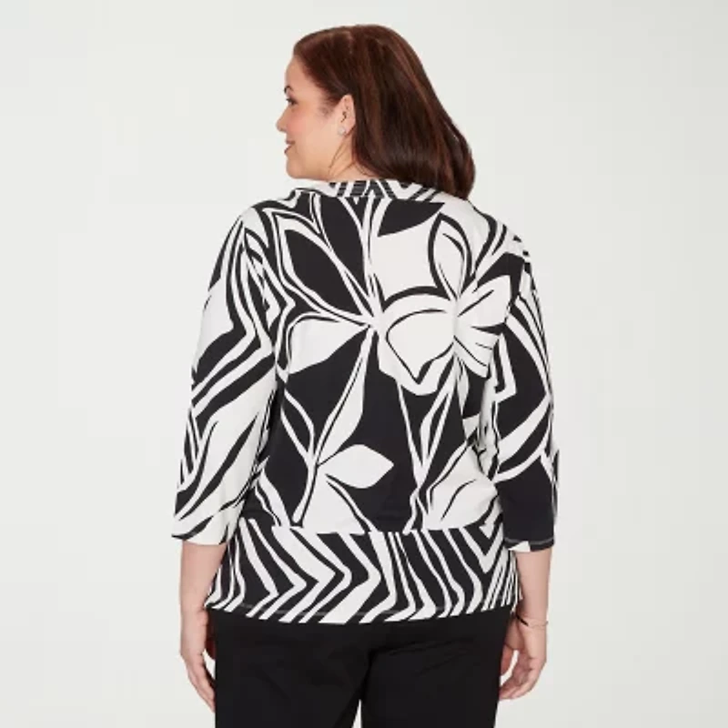 Alfred Dunner Womens Plus Crew Neck 3/4 Sleeve T-Shirt