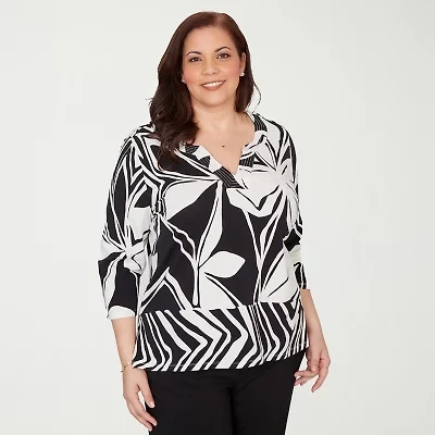 Alfred Dunner Womens Plus Crew Neck 3/4 Sleeve T-Shirt