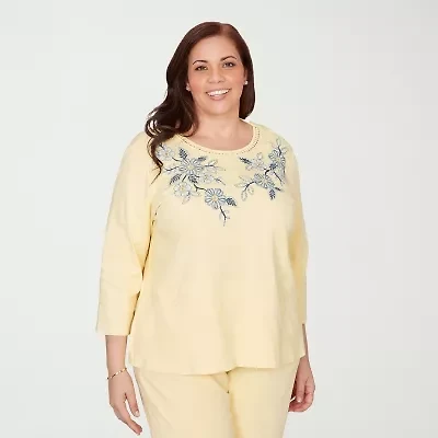 Alfred Dunner Out Of The Blue Womens Plus Round Neck 3/4 Sleeve T-Shirt