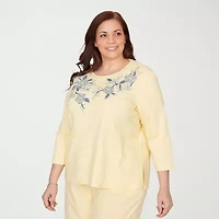 Alfred Dunner Out Of The Blue Womens Plus Round Neck 3/4 Sleeve T-Shirt