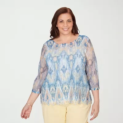 Alfred Dunner Out Of The Blue Womens Plus Boat Neck 3/4 Sleeve T-Shirt