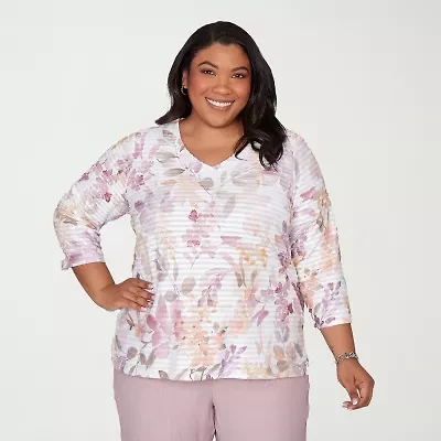 Alfred Dunner Vintage Charm Womens Plus V Neck 3/4 Sleeve T-Shirt