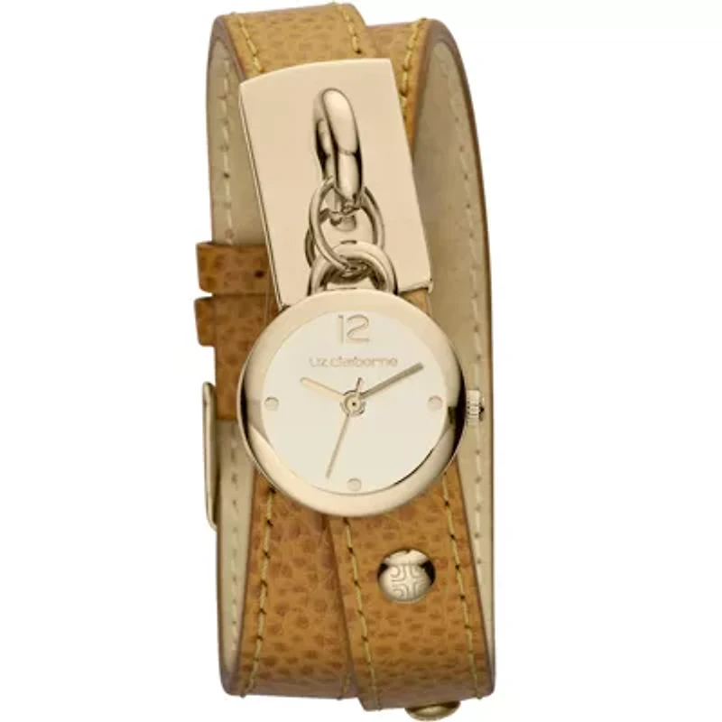 Liz Claiborne Womens Brown Leather Double-Wrap Charm Watch
