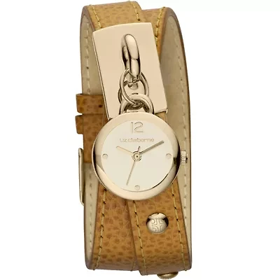 Liz Claiborne Womens Brown Leather Double-Wrap Charm Watch
