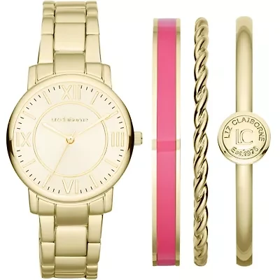 Liz Claiborne Womens Gold-Tone Watch & Pink 3-Bangle Set