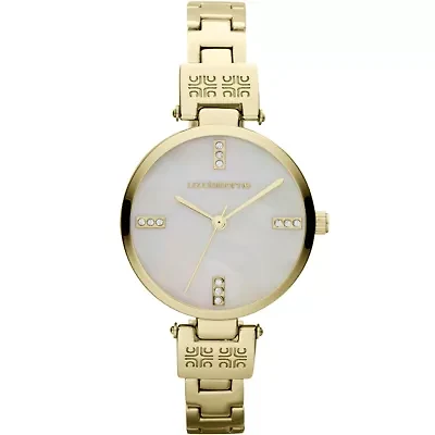 Liz Claiborne® Womens Mother-of-Pearl Skinny Gold-Tone Bracelet Watch