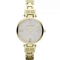 Liz Claiborne® Womens Mother-of-Pearl Skinny Gold-Tone Bracelet Watch