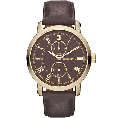 Claiborne Mens Brown Leather Gold-Tone Watch