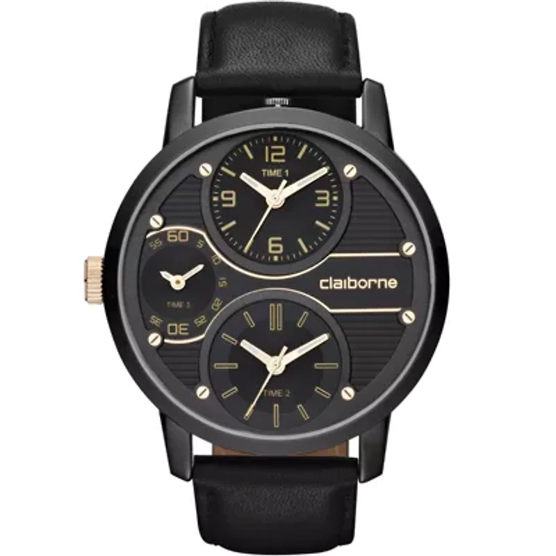 Claiborne Mens Oversized Dial Black Leather Strap Watch