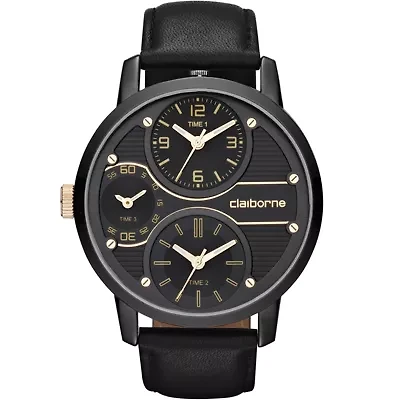 Claiborne Mens Oversized Dial Black Leather Strap Watch