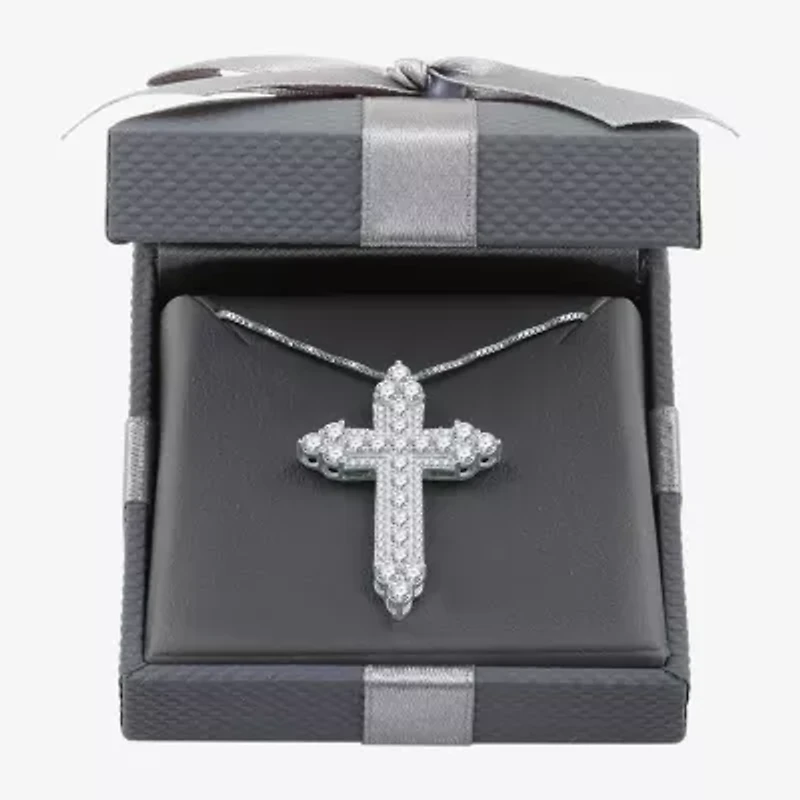 Womens / CT. T.W. Lab Grown White Diamond Sterling Silver Cross 18 Inch Pendant Necklace