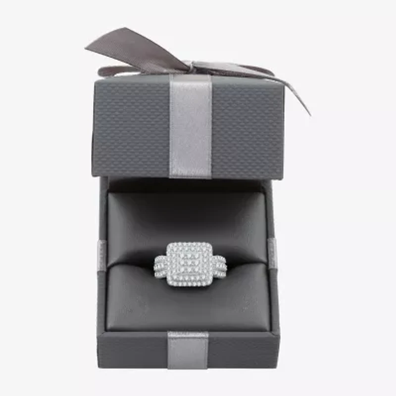 Womens 1 1/2 CT. T.W. Lab Grown White Diamond Sterling Silver Cushion Halo Side Stone Cocktail Ring