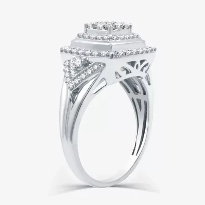 Womens 3/4 CT. T.W. Lab Grown White Diamond Sterling Silver Cushion Halo Side Stone Cocktail Ring