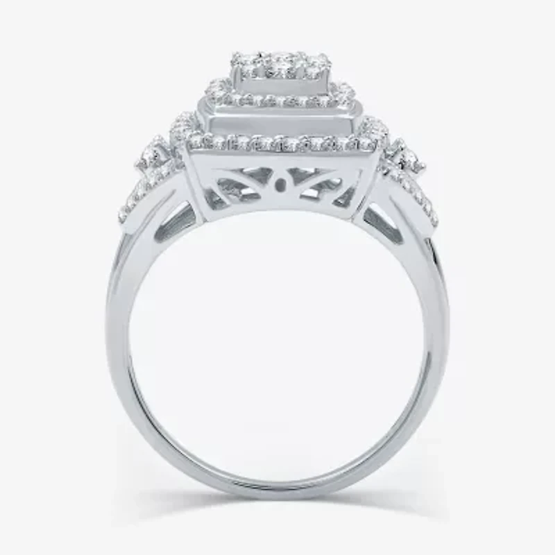 Womens 3/4 CT. T.W. Lab Grown White Diamond Sterling Silver Cushion Halo Side Stone Cocktail Ring