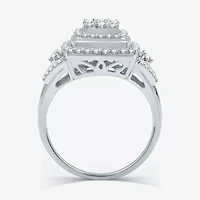 Womens 3/4 CT. T.W. Lab Grown White Diamond Sterling Silver Cushion Halo Side Stone Cocktail Ring