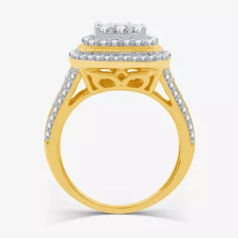 Womens 1 1/2 CT. T.W. Lab Grown White Diamond 14K Gold Over Silver Cushion Halo Side Stone Cocktail Ring