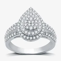 Womens 3/4 CT. T.W. Lab Grown White Diamond Sterling Silver Pear Halo Side Stone Cocktail Ring