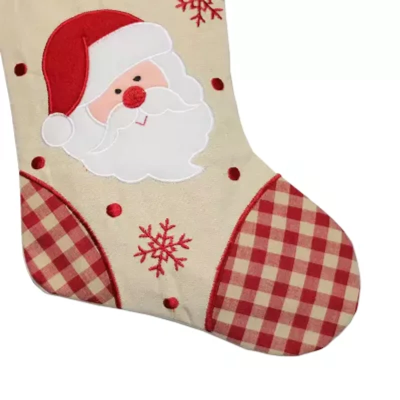 16.5'' Red and Ivory Embroidered Santa Claus Christmas Stocking with Gingham Cuff