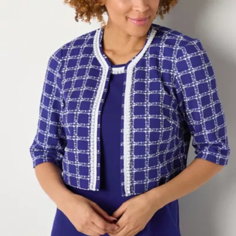 Maya Brooke Womens Pearl Trim Grid Jacket Dress