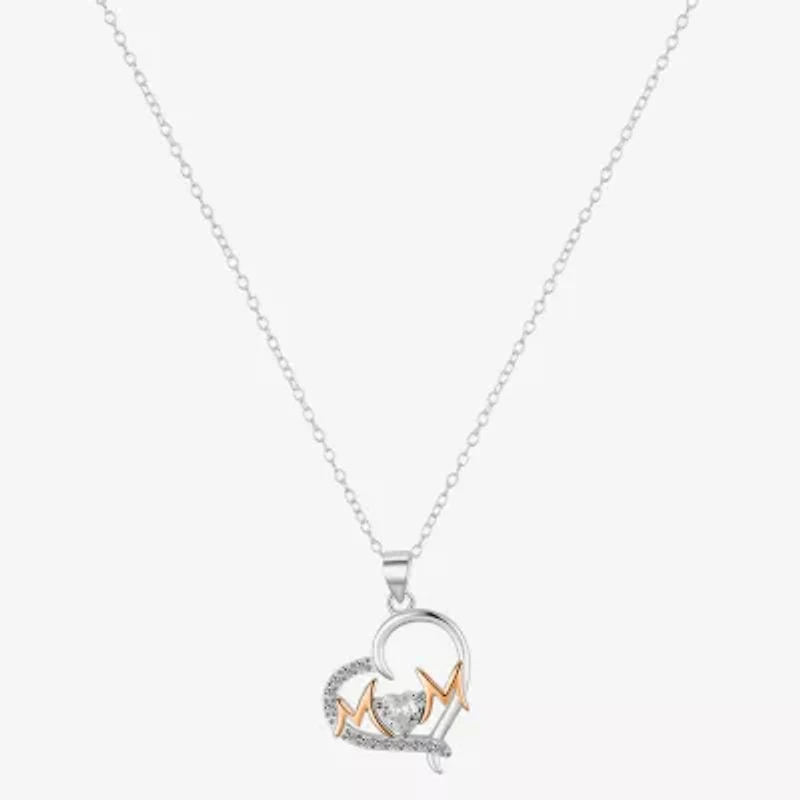 Footnotes Mom Womens Cubic Zirconia Sterling Silver Heart 16 Inch Pendant Necklace