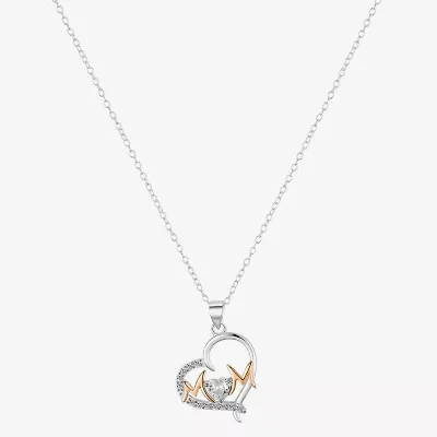Footnotes Mom Womens Cubic Zirconia Sterling Silver Heart 16 Inch Pendant Necklace
