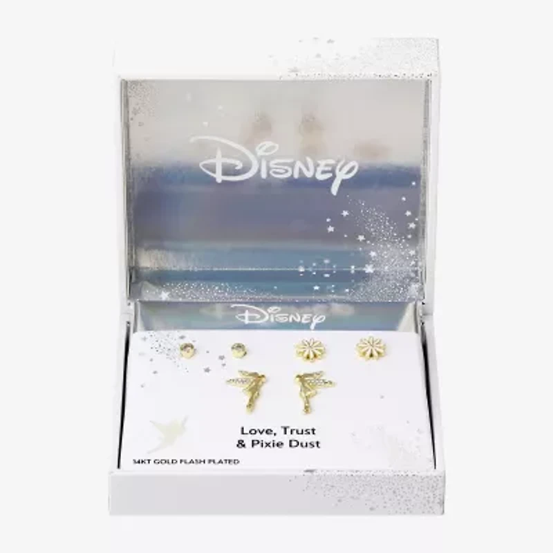Disney Classics Womens Cubic Zirconia 10K Gold Over Brass Flower Princess Tinker Bell 3 Pair Earring Set