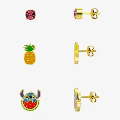 Disney Classics Fruit Womens Pink Crystal 10K Gold Over Brass Lilo & Stitch 3 Pair Earring Set