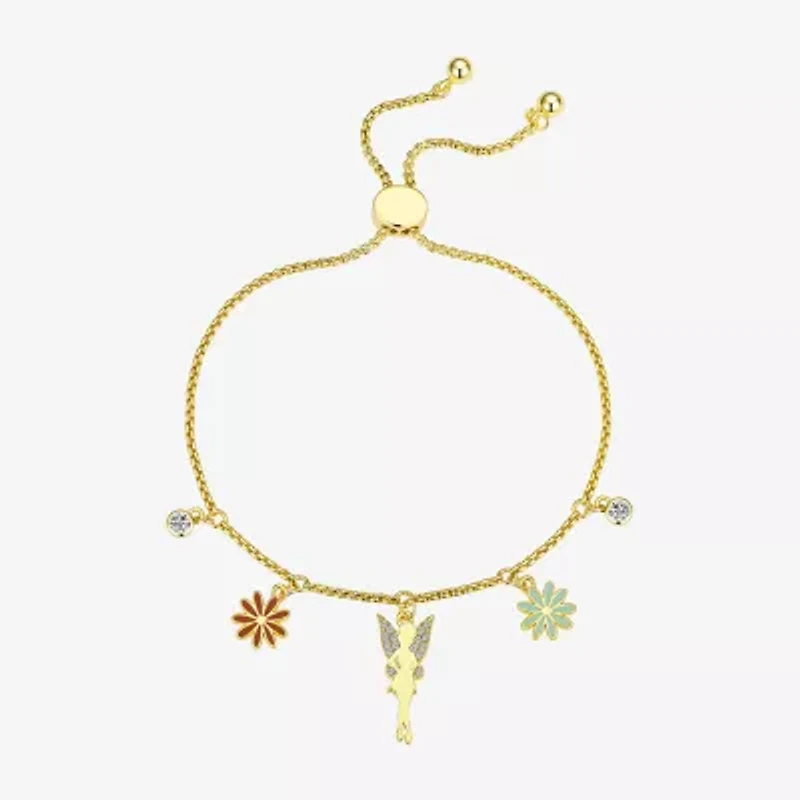 Disney Classics Womens Cubic Zirconia 10K Gold Over Brass Flower Princess Tinker Bell Charm Bracelet