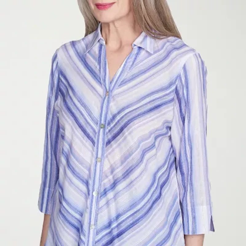 Alfred Dunner Santa Fe Womens 3/4 Sleeve Cuffed Button-Down Shirt