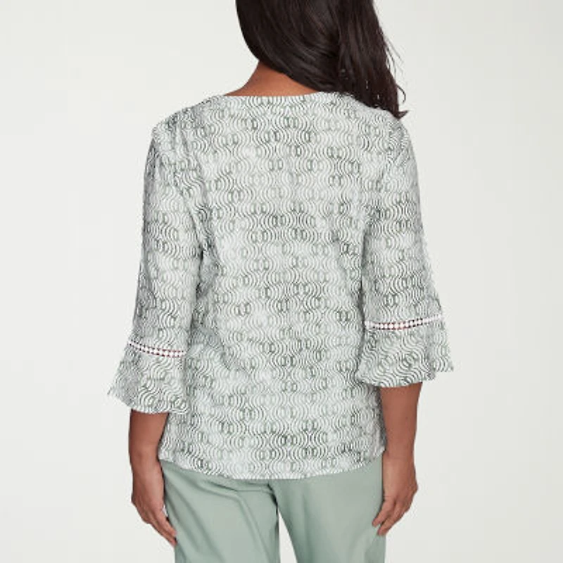 Alfred Dunner Santa Fe Womens Crew Neck 3/4 Sleeve Embroidered Blouse