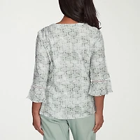 Alfred Dunner Santa Fe Womens Crew Neck 3/4 Sleeve Embroidered Blouse
