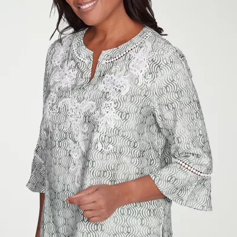 Alfred Dunner Santa Fe Womens Crew Neck 3/4 Sleeve Embroidered Blouse