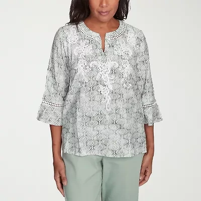 Alfred Dunner Santa Fe Womens Crew Neck 3/4 Sleeve Embroidered Blouse