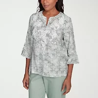 Alfred Dunner Santa Fe Womens Crew Neck 3/4 Sleeve Embroidered Blouse