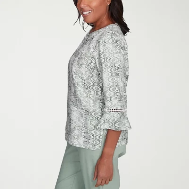 Alfred Dunner Santa Fe Womens Crew Neck 3/4 Sleeve Embroidered Blouse