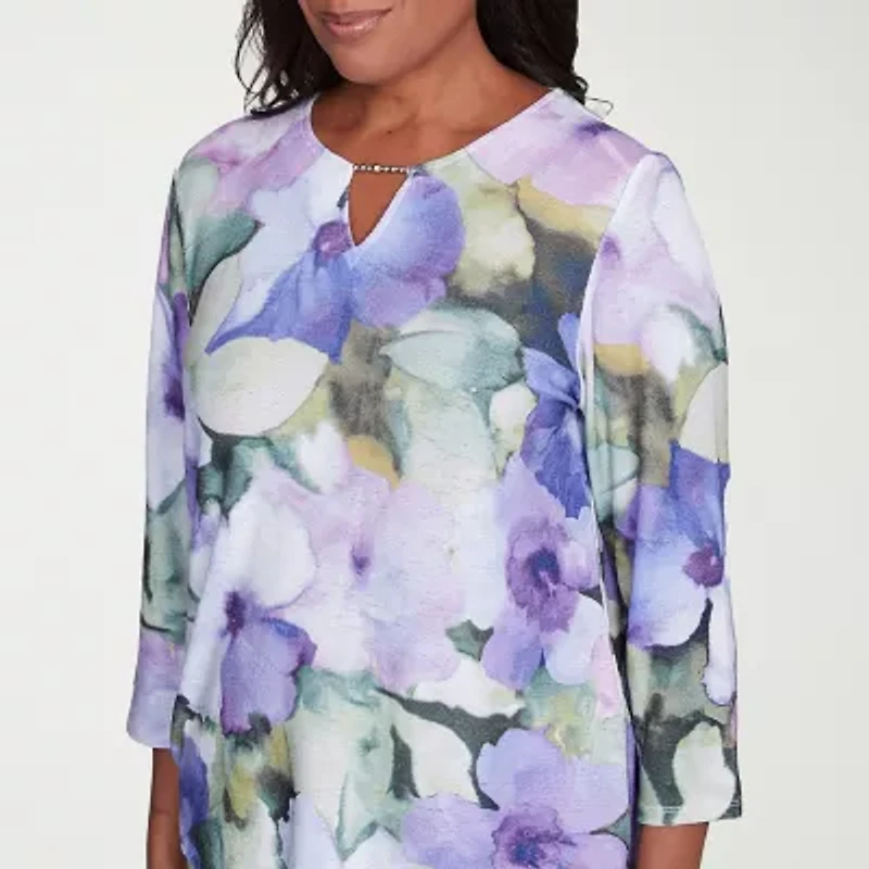 Alfred Dunner Santa Fe Womens Crew Neck 3/4 Sleeve Stretch Fabric T-Shirt