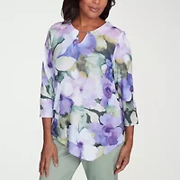 Alfred Dunner Santa Fe Womens Crew Neck 3/4 Sleeve Stretch Fabric T-Shirt