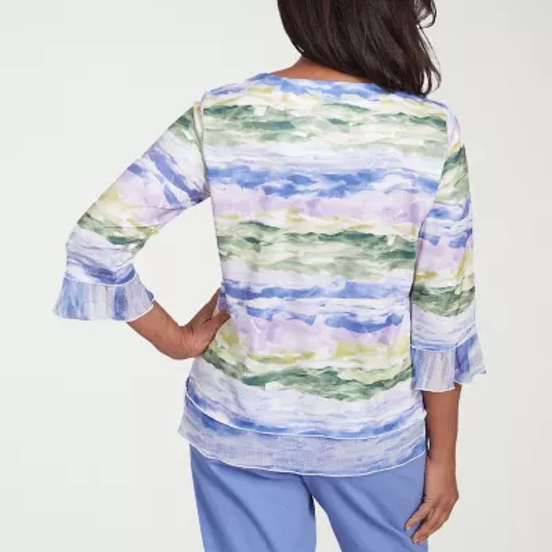 Alfred Dunner Santa Fe Womens Crew Neck 3/4 Sleeve Stretch Fabric T-Shirt