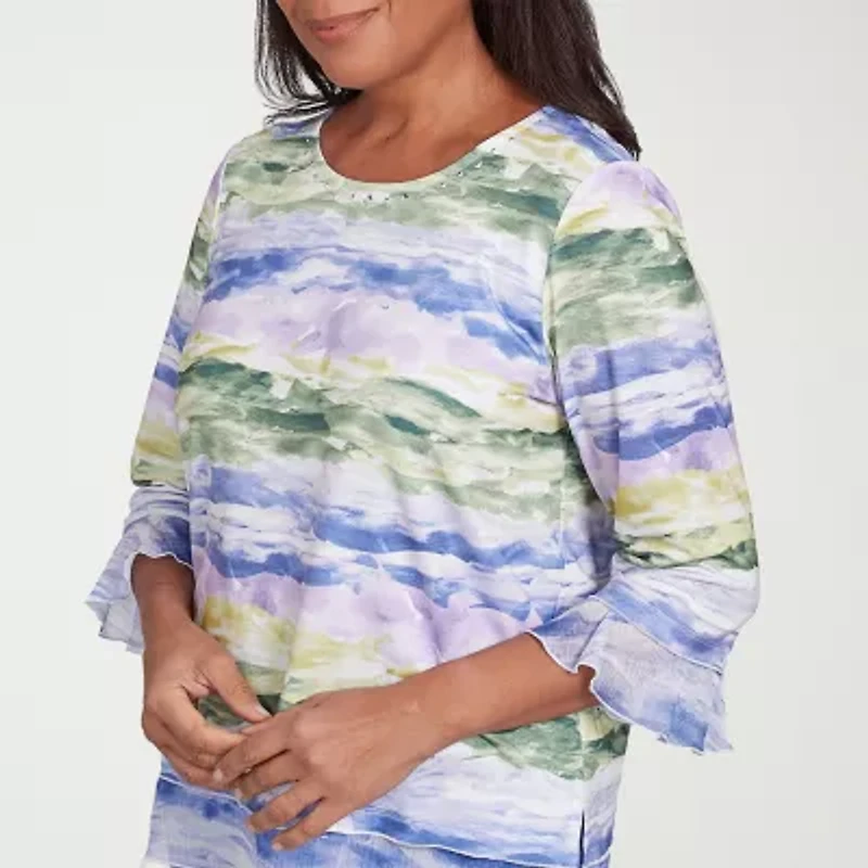 Alfred Dunner Santa Fe Womens Crew Neck 3/4 Sleeve Stretch Fabric T-Shirt