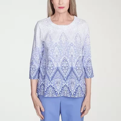 Alfred Dunner Santa Fe Womens Crew Neck 3/4 Sleeve Stretch Fabric T-Shirt