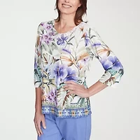 Alfred Dunner Santa Fe Womens Crew Neck 3/4 Sleeve Stretch Fabric T-Shirt
