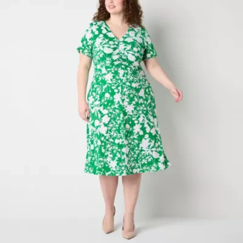 Perceptions Womens Short Sleeve Floral Midi Fit + Flare Dress Plus