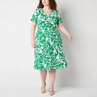 Perceptions Womens Short Sleeve Floral Midi Fit + Flare Dress Plus