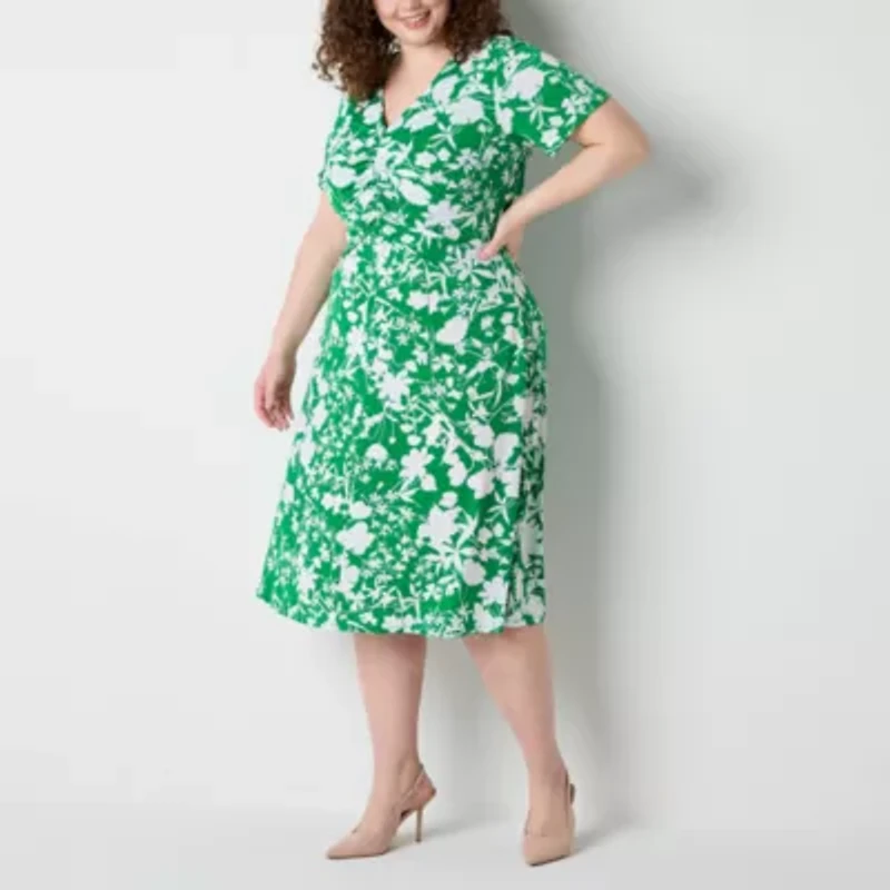 Perceptions Womens Short Sleeve Floral Midi Fit + Flare Dress Plus