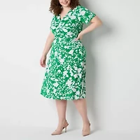 Perceptions Womens Short Sleeve Floral Midi Fit + Flare Dress Plus