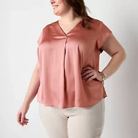 Liz Claiborne Womens V Neck Short Sleeve Satin Plus Blouse