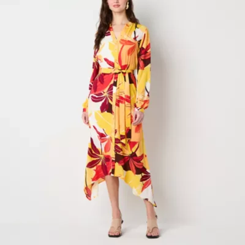 Worthington Womens Long Sleeve Floral Shirt Dress